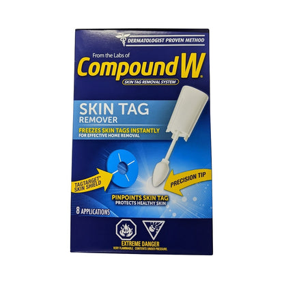 Product label for Compound W Skin Tag Remover (8 applications) in English