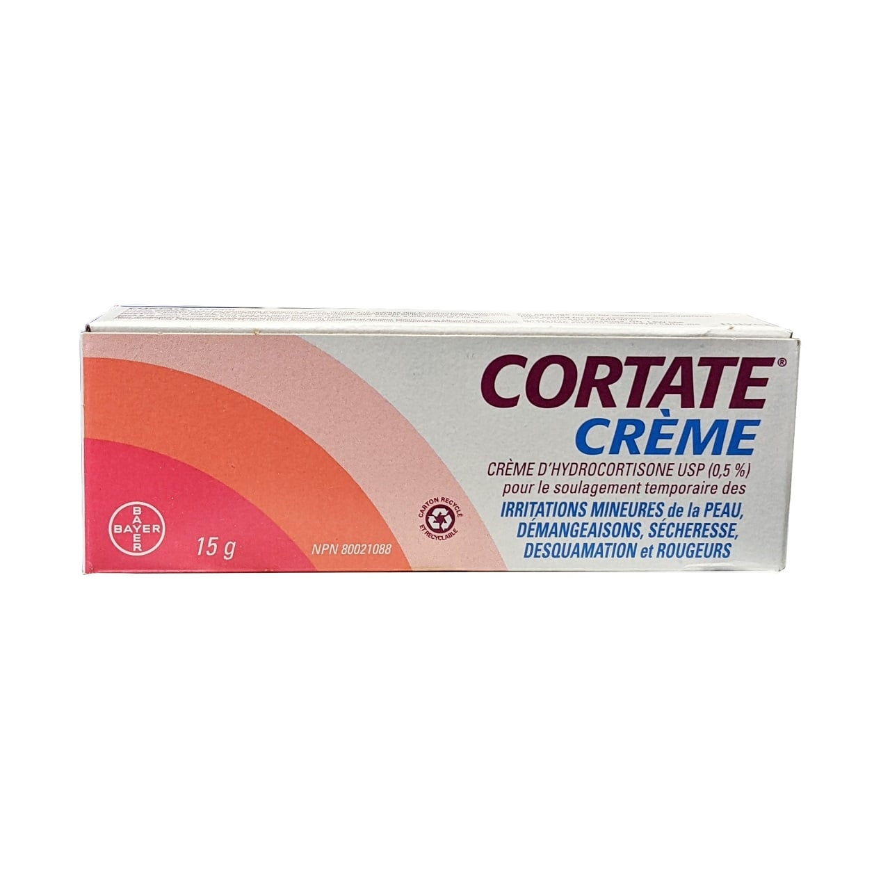 Product label for Cortate Hydrocortisone Cream USP 0.5% (15 grams) in French