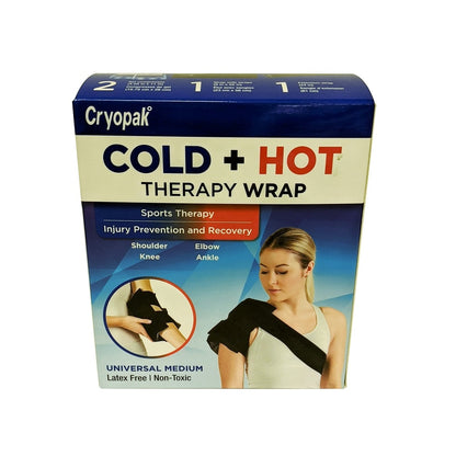 Product label for Cryopak Cold + Hot Therapy Wrap (Universal Medium) in English