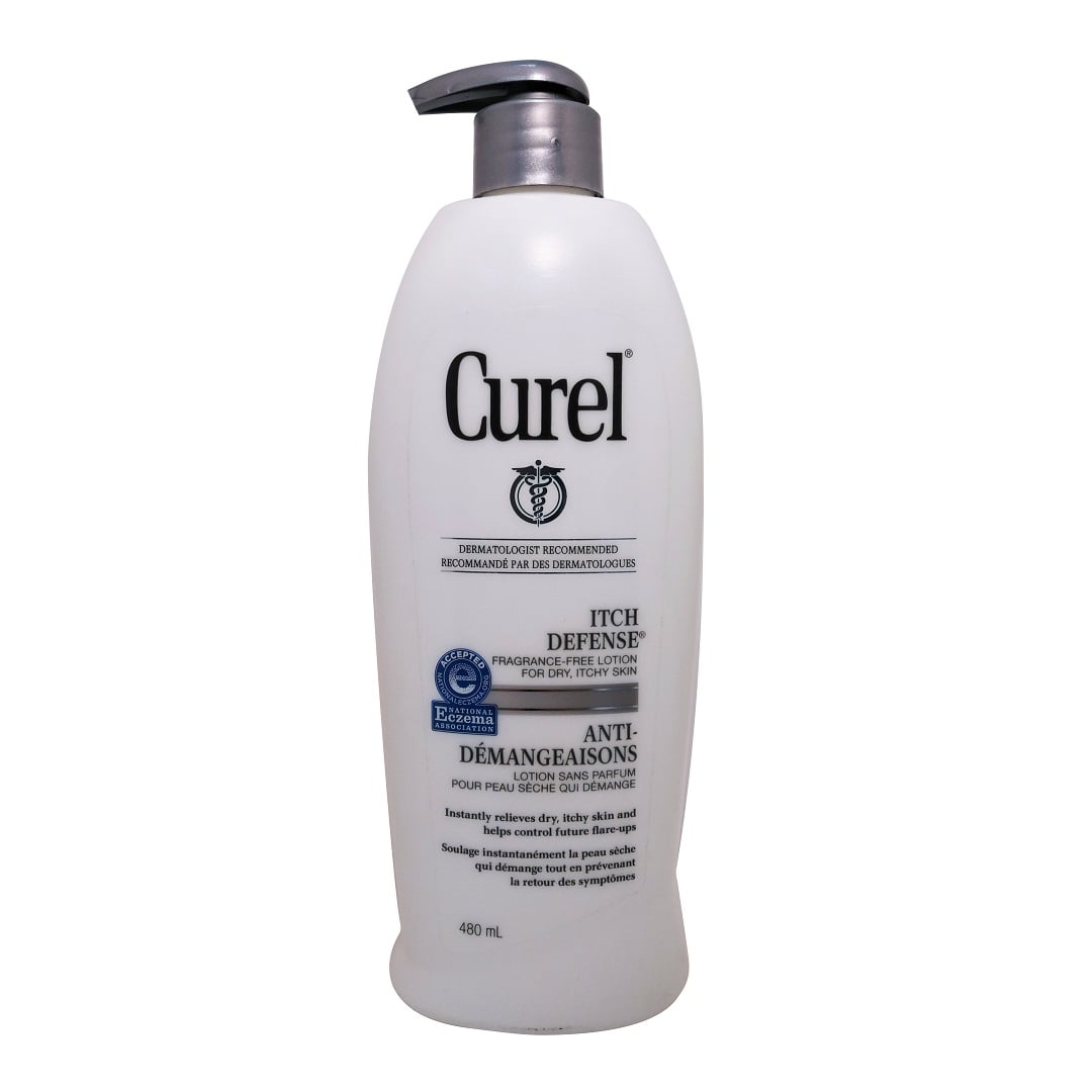 Product label for Curel Itch Defense Lotion Fragrance Free (480 mL)