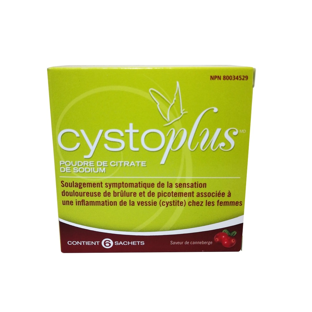 Product label for Cystoplus Sodium Citrate Powder (6 sachets) in French