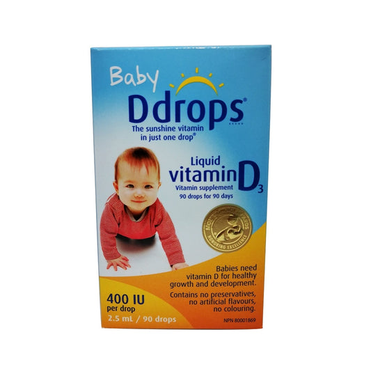 Product label for Ddrops Liquid Vitamin D3 for Baby (2.5 mL / 90 drops) in English