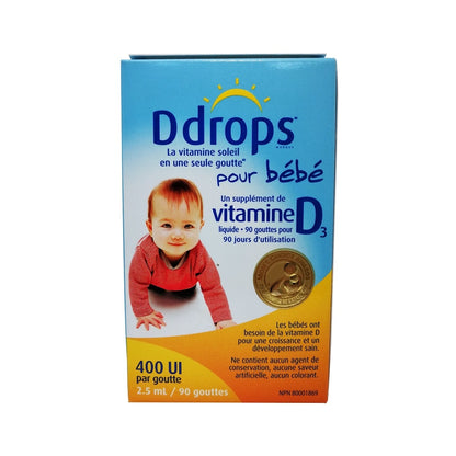 Product label for Ddrops Liquid Vitamin D3 for Baby (2.5 mL / 90 drops) in French