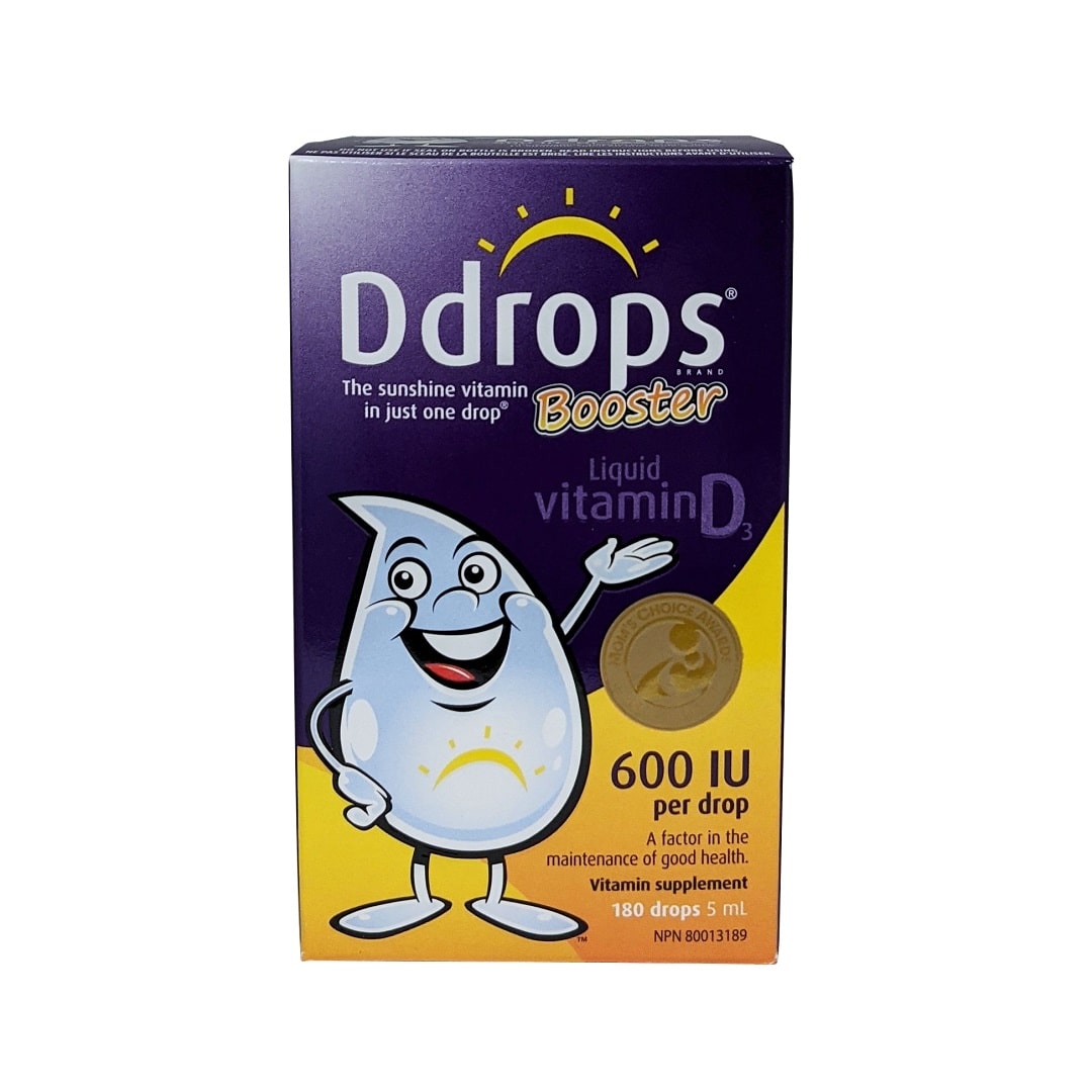 Product label for Ddrops Booster Liquid Vitamin D3 600 IU (5 mL / 180 drops) in English