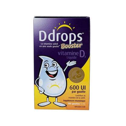 Product label for Ddrops Booster Liquid Vitamin D3 600 IU (5 mL / 180 drops) in French