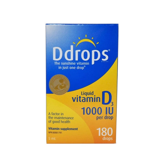 Product label for Ddrops Liquid Vitamin D3 1000IU (5 mL / 180 drops) in English