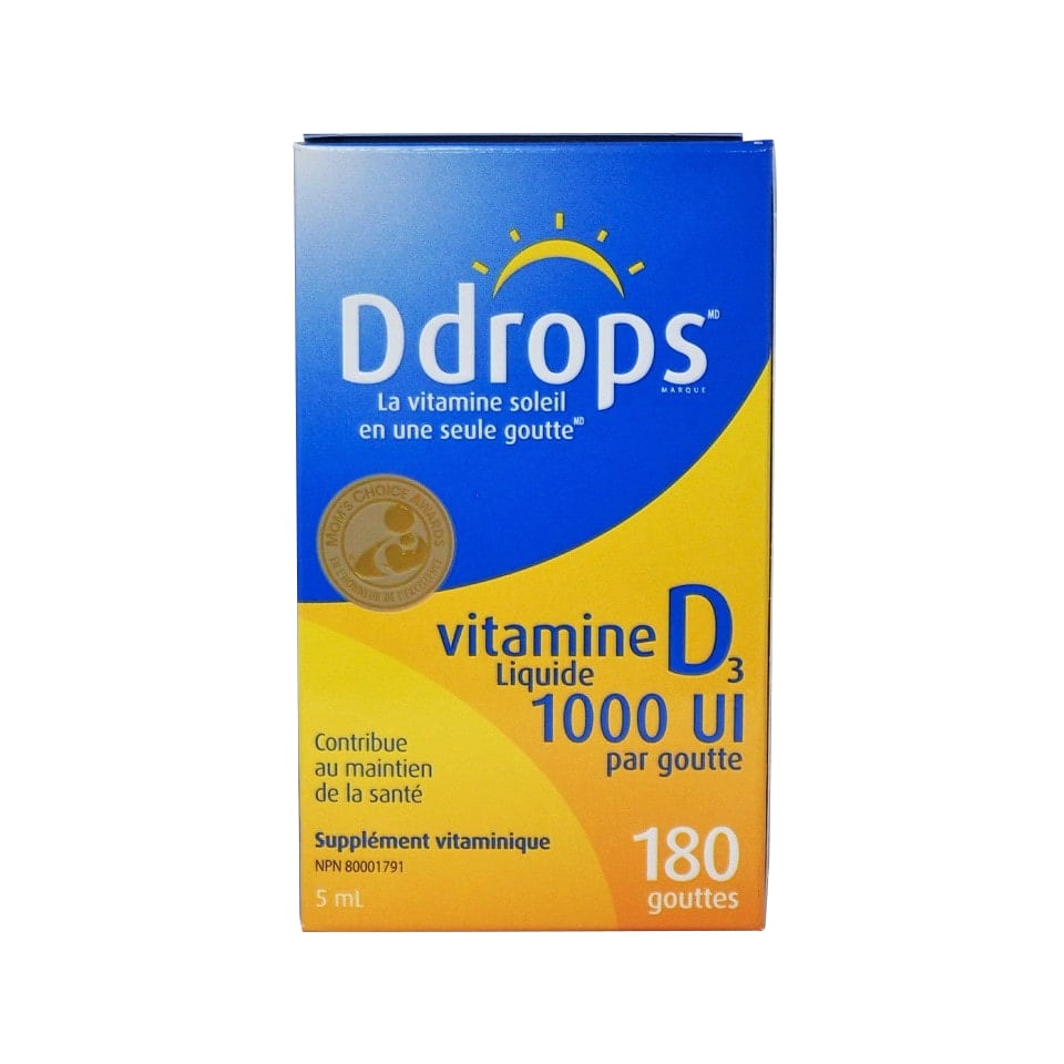 Product label for Ddrops Liquid Vitamin D3 1000IU (5 mL / 180 drops) in French