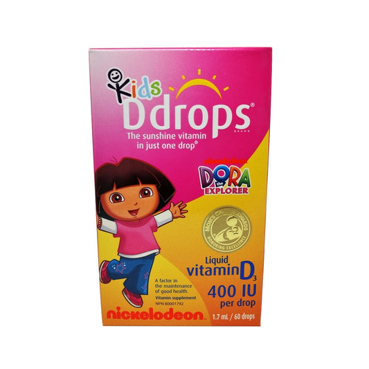 Product label for Ddrops Liquid Vitamin D3 for Kids (1.7 mL / 60 drops) in English