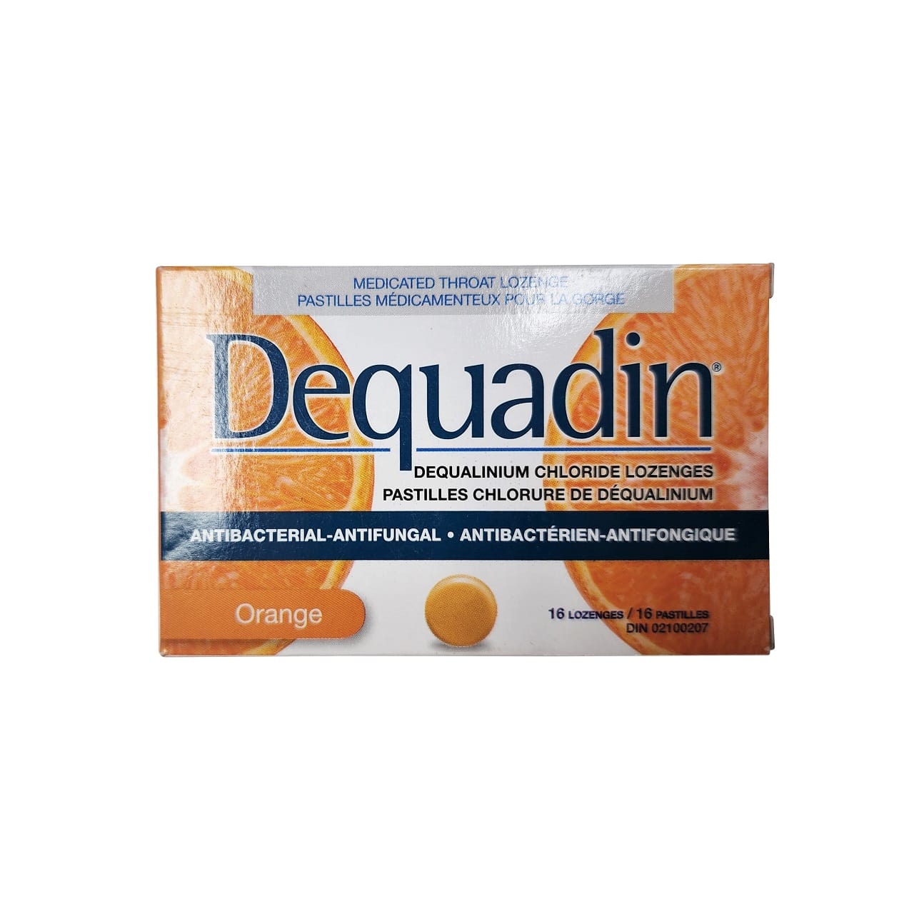 Product label for Dequadin Dequalinium Chloride Lozenges Orange Flavour (16 lozenges) 