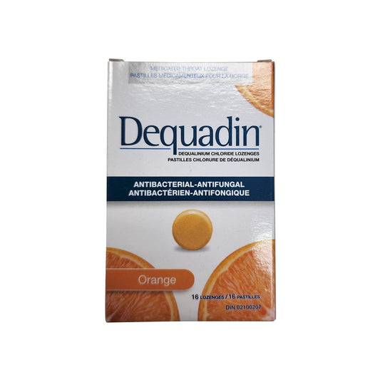 Product label for Dequadin Dequalinium Chloride Lozenges Orange Flavour (16 lozenges)