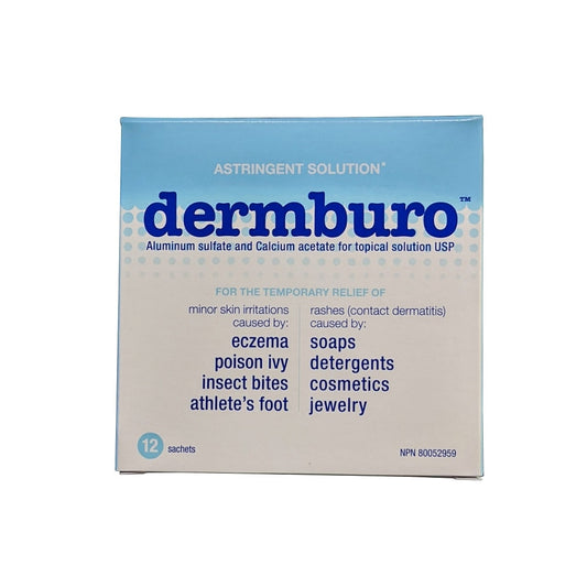 Product label for Dermburo Astringent Solution (12 count) in English