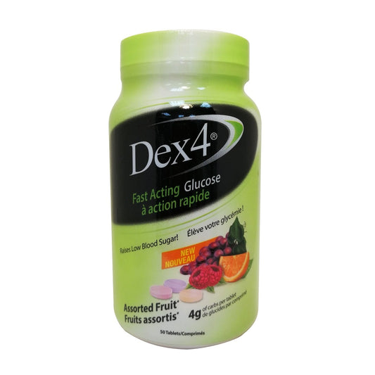 Product label for Dex4 Fast Acting Glucose Tablets Assorted Fruit Flavour (50 chewable tablets)