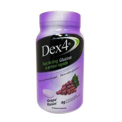 Product label for Dex4 Fast Acting Glucose Tablets Grape Flavour (50 chewable tablets)