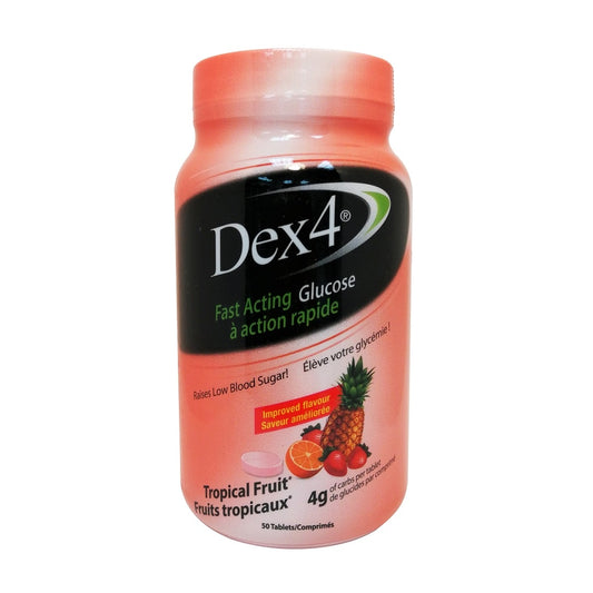 Product label for Dex4 Fast Acting Glucose Tablets Tropical Fruit Flavour (50 chewable tablets)