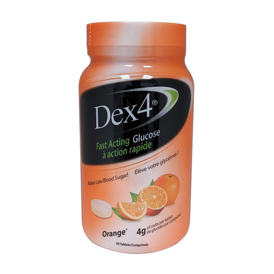 Product label for Dex4 Fast Acting Glucose Tablets Orange Flavour 50 tablets