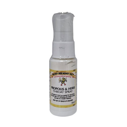 Product label for Dickey Bee Honey Propolis & Herb Throat Spray (30mL)