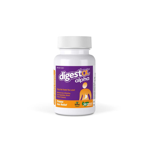 Product label for Digesta Alpha Gas Relief (30 capsules) in English