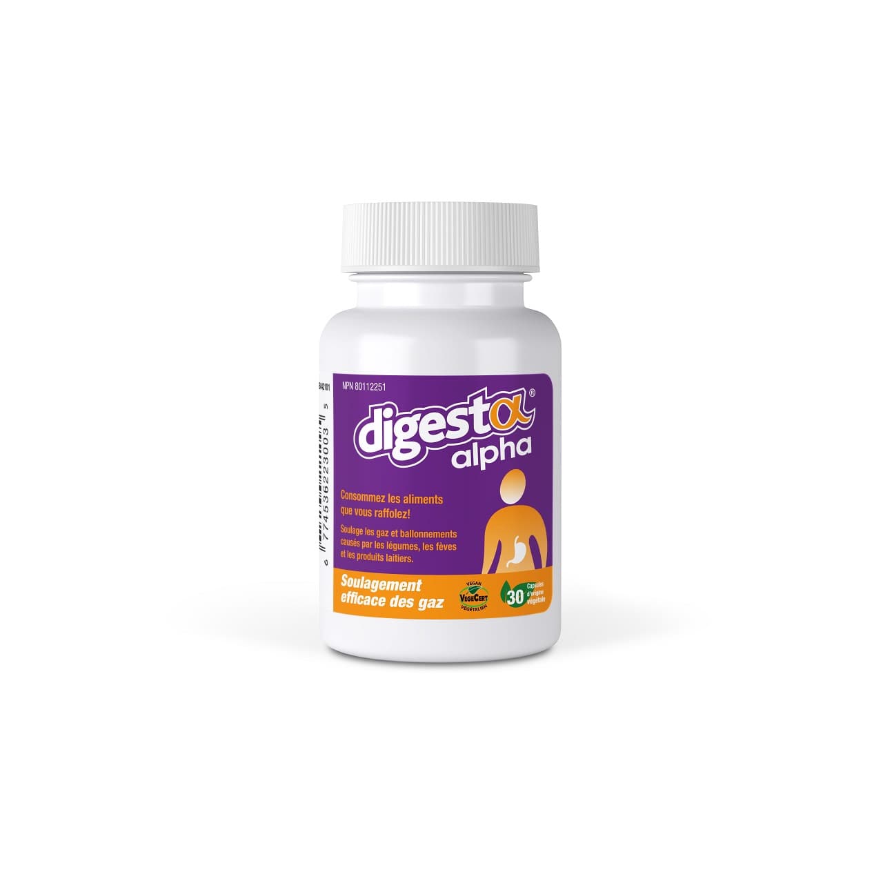 Product label for Digesta Alpha Gas Relief (30 capsules) in French