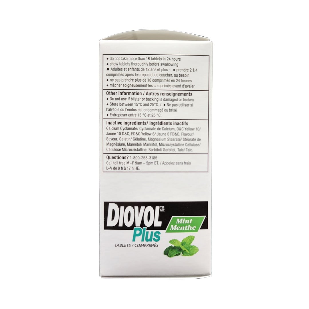 Warnings, ingredients for Diovol Plus Antacid Mint Flavour (100 chewable tablets)