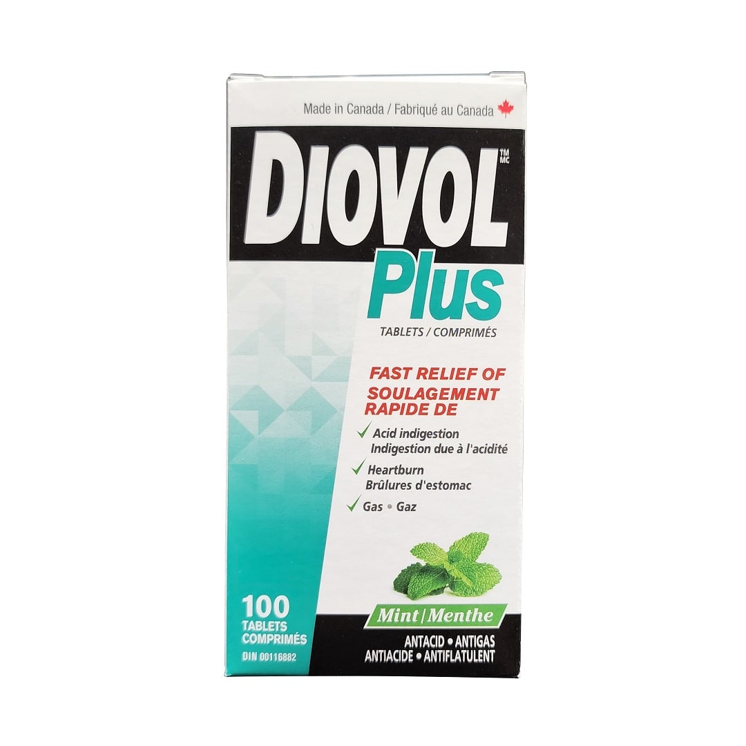 Product label for Diovol Plus Antacid Mint Flavour (100 chewable tablets)