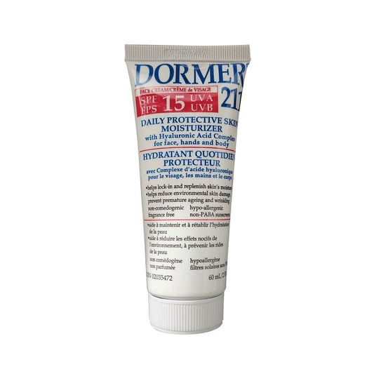 Product label for Dormer 211 Daily Protective Skin Moisturizer SPF15 (60 mL)