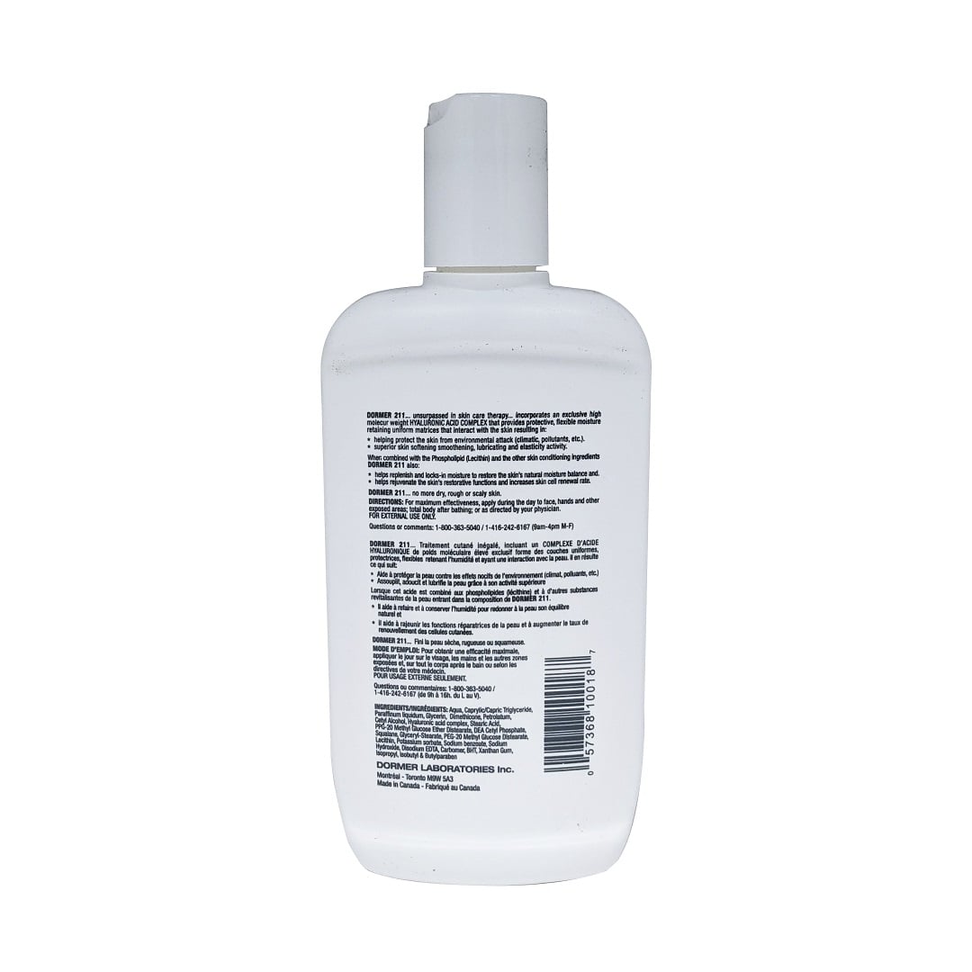 Directions, description. and ingredients for Dormer 211 Lotion Advanced with Hyaluronic Acid Complex (200 mL)