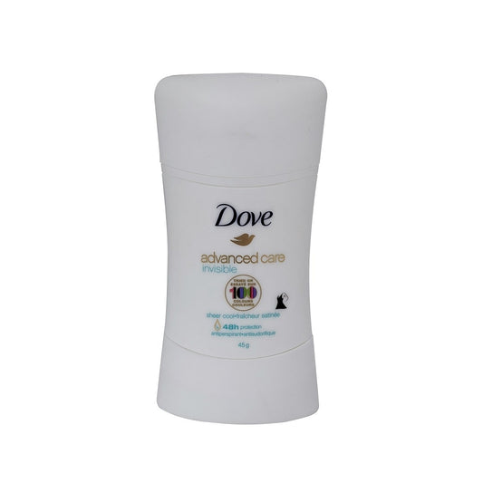 Product label for Dove Advanced Care Sheer Cool Invisible Antiperspirant (45 grams)