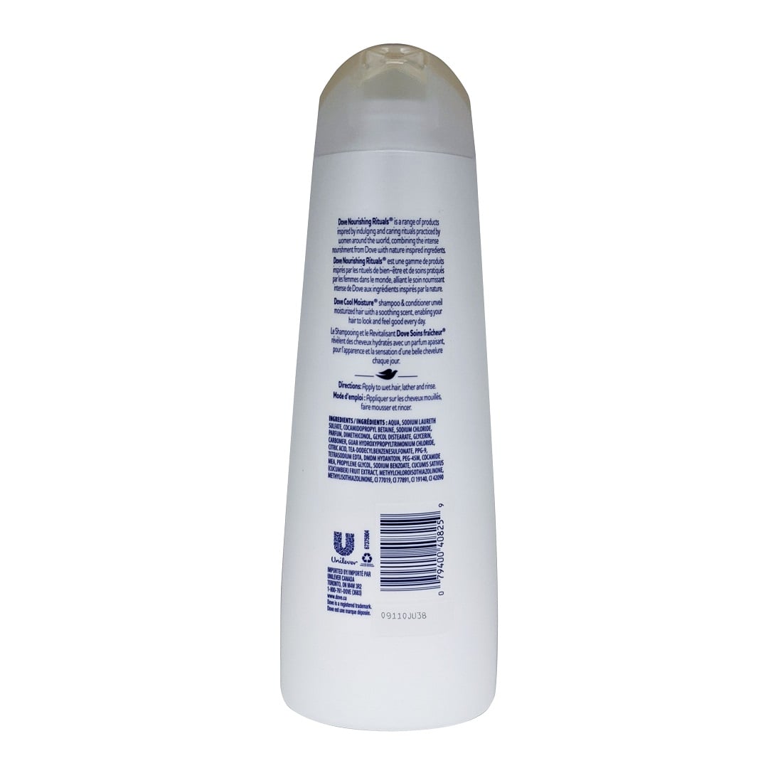 Description, directions, and ingredients for Dove Nourishing Rituals Cool Moisture Shampoo (355mL)