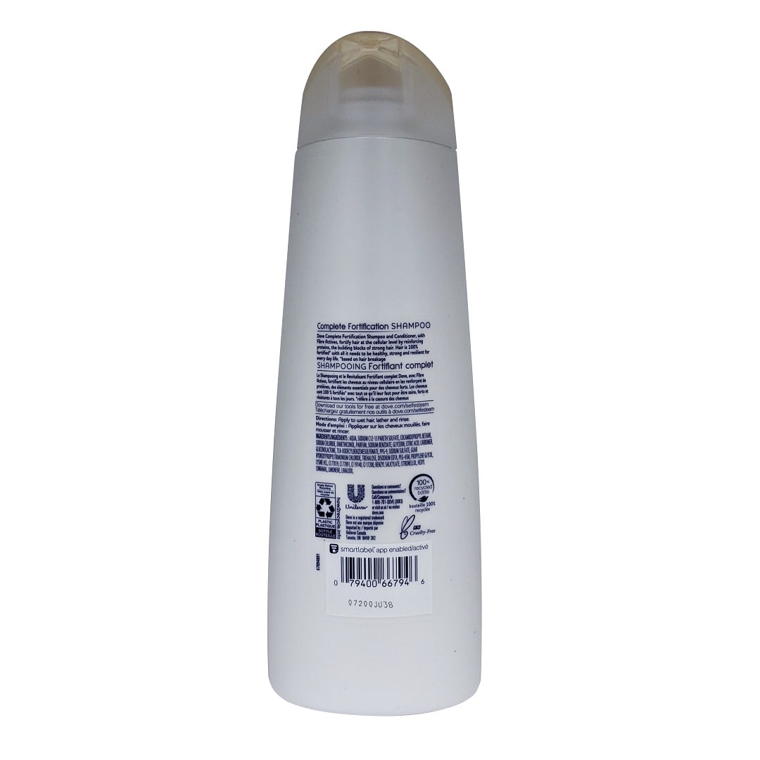 Description, directions, and ingredients for Dove Nutritive Solutions Complete Fortification Shampoo (355mL)