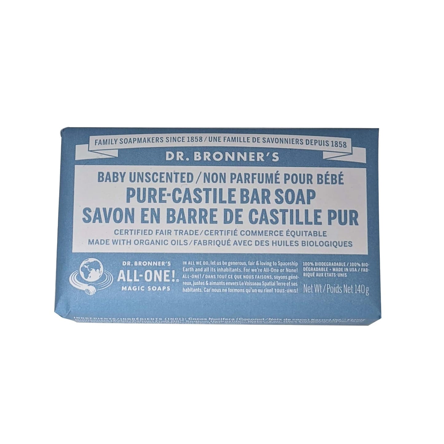 Product label for Dr. Bronner's Baby Unscented Pure Castile Bar Soap