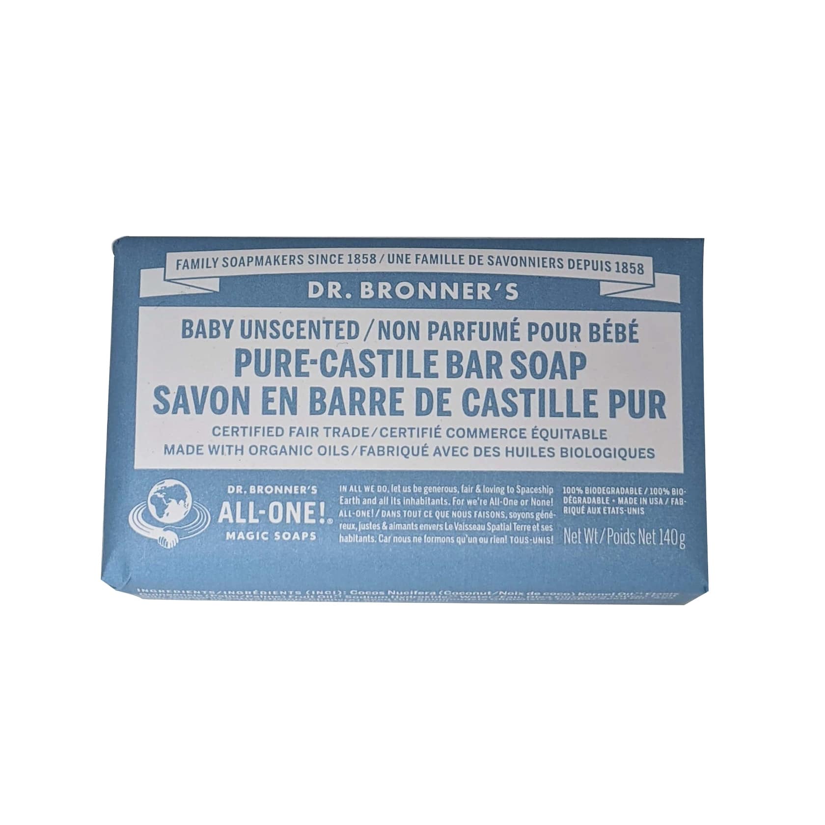 Product label for Dr. Bronner's Baby Unscented Pure Castile Bar Soap