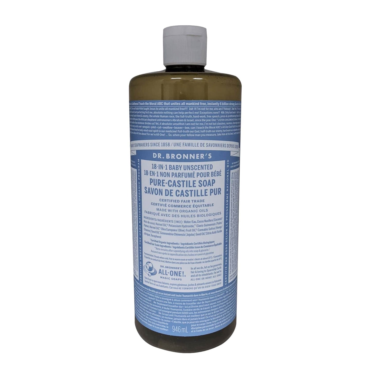 Product label for Dr. Bronner's Baby Unscented Pure Castile Liquid Soap 
