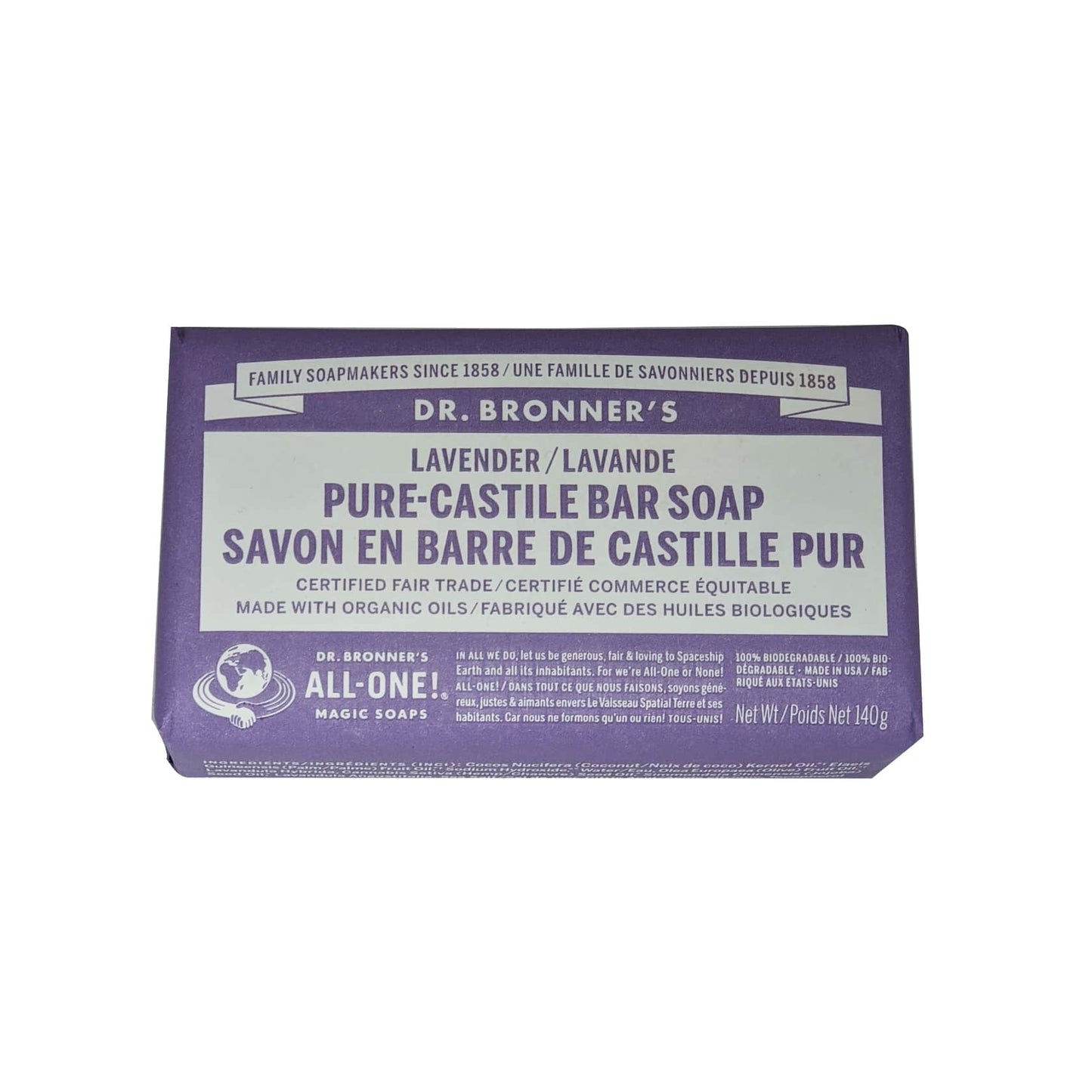 Product packaging for Dr. Bronner's Lavender Pure Castile Bar Soap 