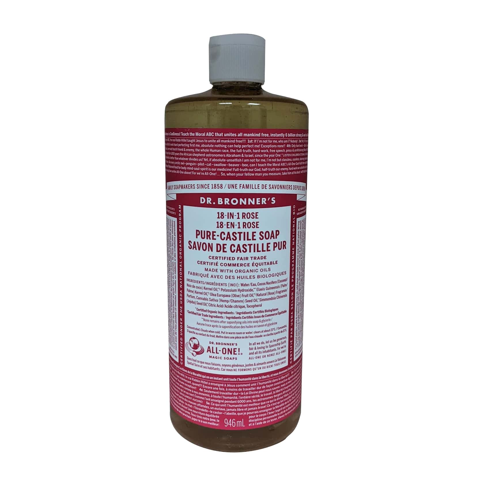 Product label for Dr. Bronner's Rose Pure Castile Liquid Soap