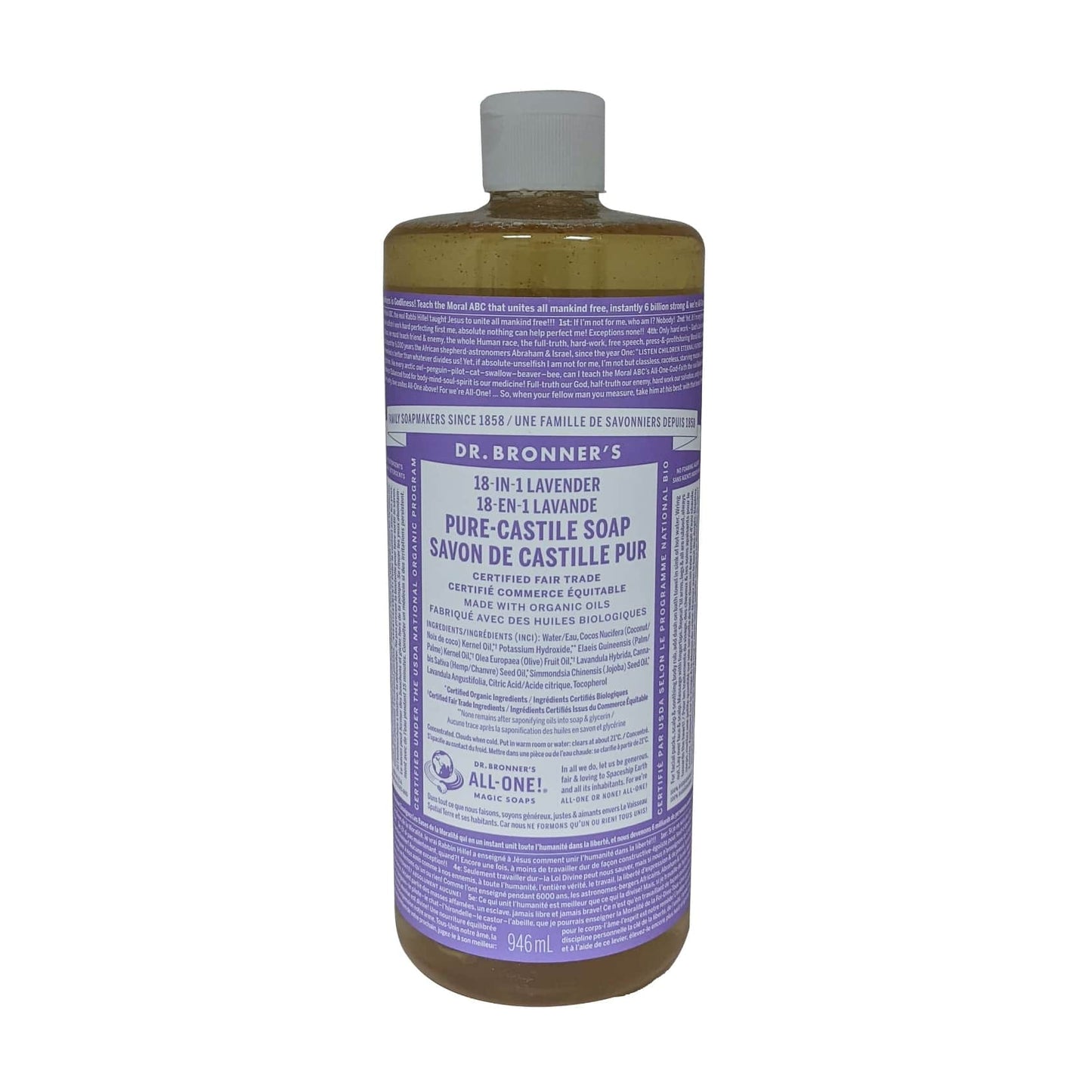 Product label for Dr. Bronner's Lavender Pure Castile Liquid Soap