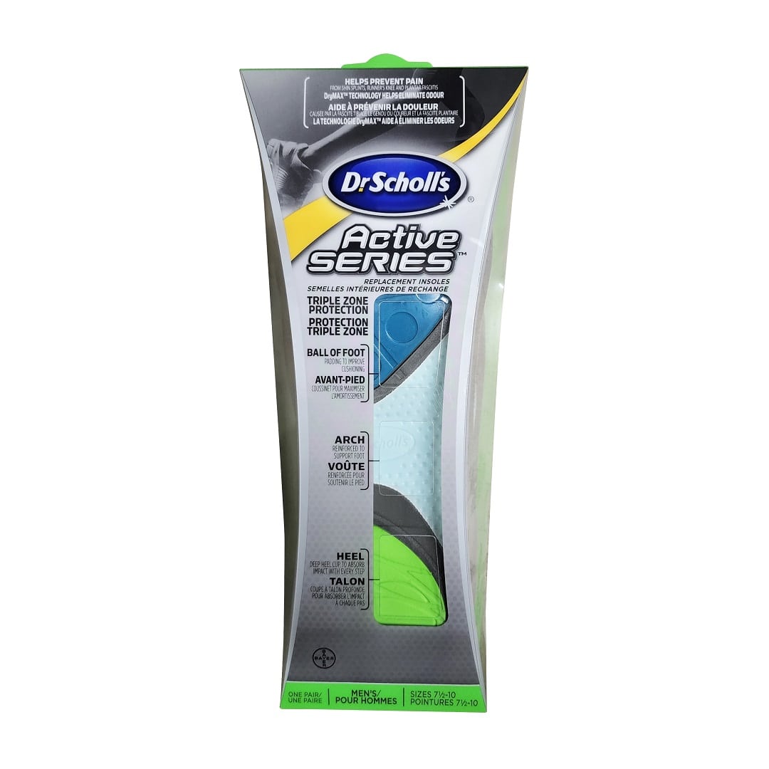 Product label for Dr. Scholl's Active Series Insoles for Men (Sz. 7.5-10) (1 pair)