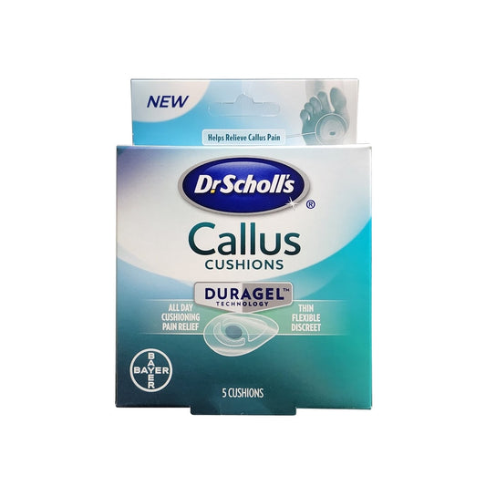 Product label for Dr. Scholl's Callus Cushions (5 cushions) in English