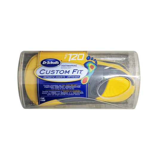 Product label for Dr. Scholl's Custom Fit CF120 Orthotic Inserts (1 pair)