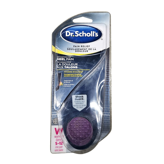 Product label for Dr. Scholl's Heel Pain Relief for Women (for Sz. 5-12) (1 pair)