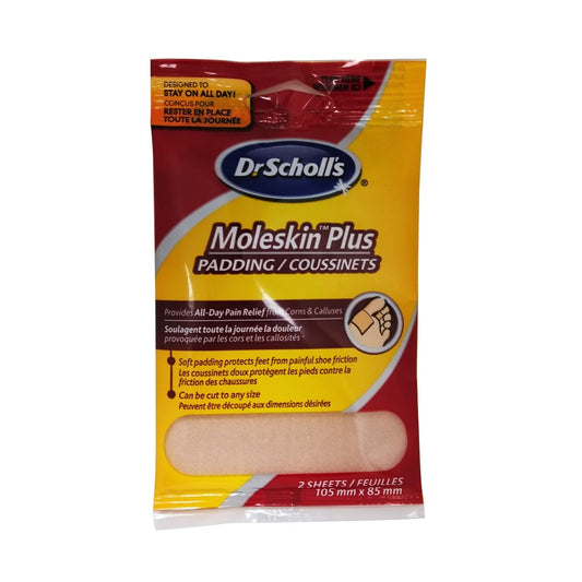 Product label for Dr. Scholl's Moleskin Plus Pad (2 pads) 