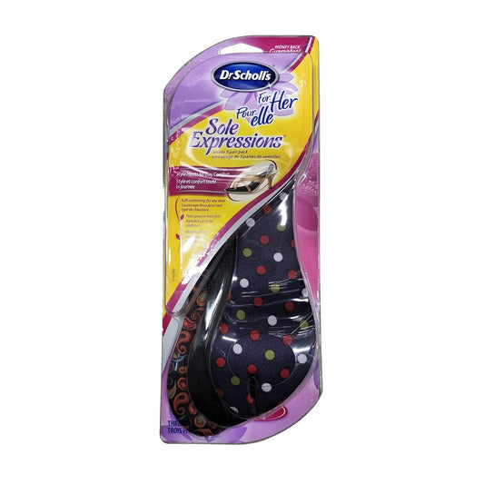 Product label for Dr. Scholl's for Her Rub Sole Expressions Insoles (3 pairs)