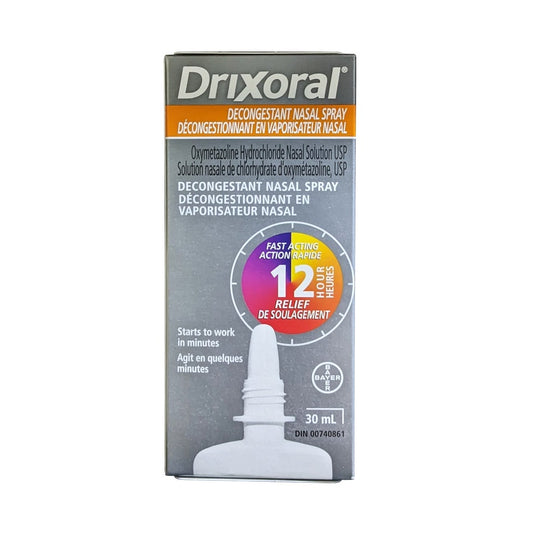 Product label for Drixoral Decongestant Nasal Spray 12 Hour Relief (30 mL)