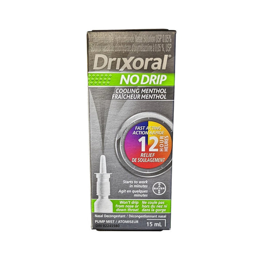 Product label for Drixoral No Drop Cooling Menthol Nasal Decongestant (15 mL)