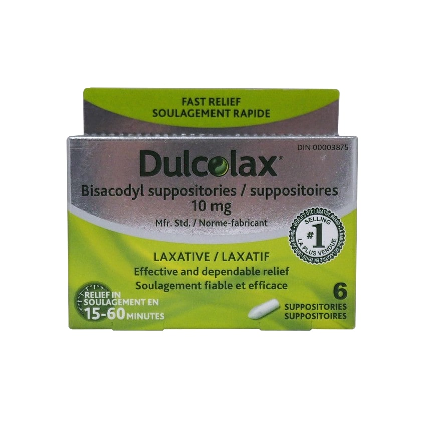 Product label for Dulcolax Bisacodyl 10mg Suppositories (6 suppositories)