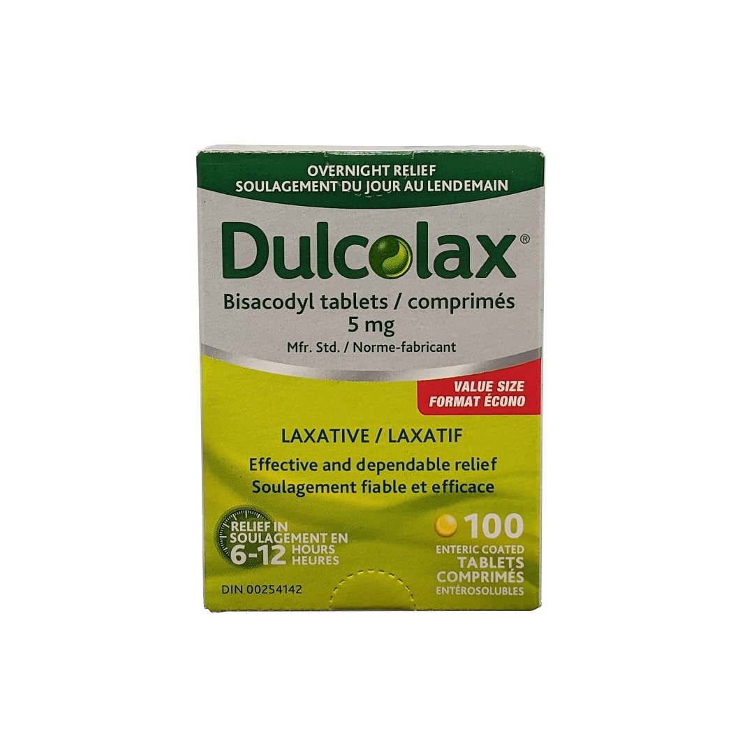 Product label for Dulcolax Bisacodyl 5mg Laxative Tablets (100 tablets)
