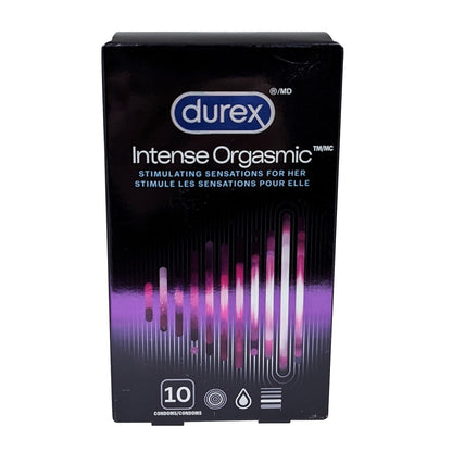 Product label for Durex Intense Orgasmic Latex Condoms (10 count)