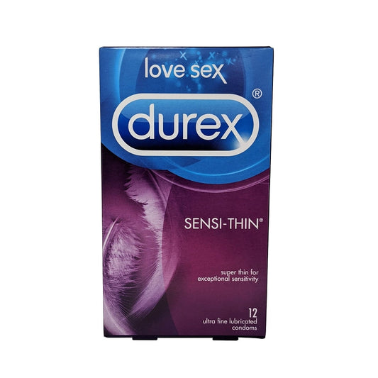 Product label for Durex Sensi-Thin Lubricated Latex Condoms (12 count) in English