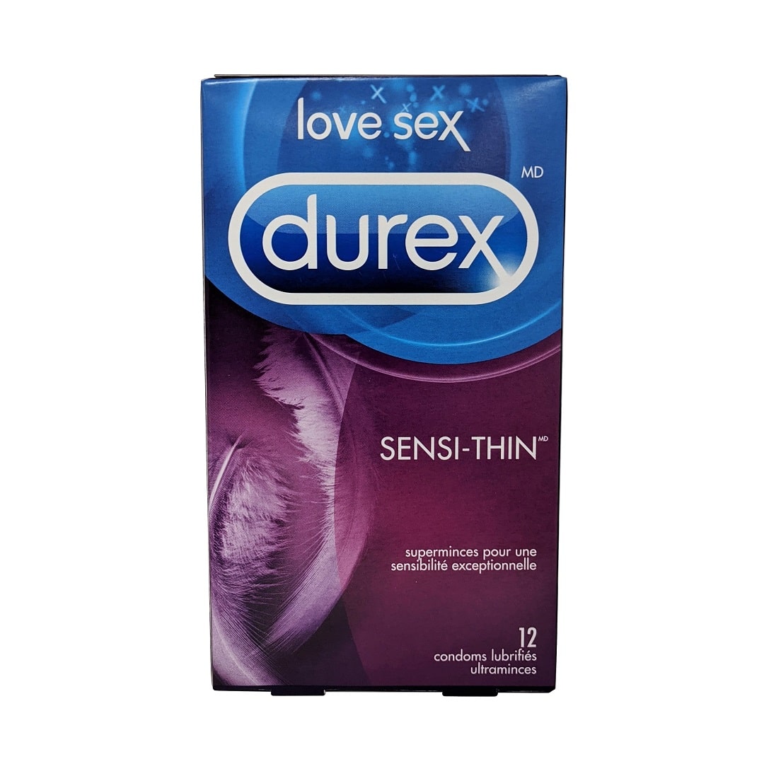 Product label for Durex Sensi-Thin Lubricated Latex Condoms (12 count) in French