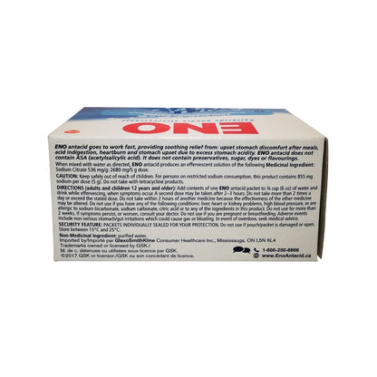 Description, directions, ingredients, and cautions for ENO Antacid Effervescing Powder (5g x 10 doses) in English