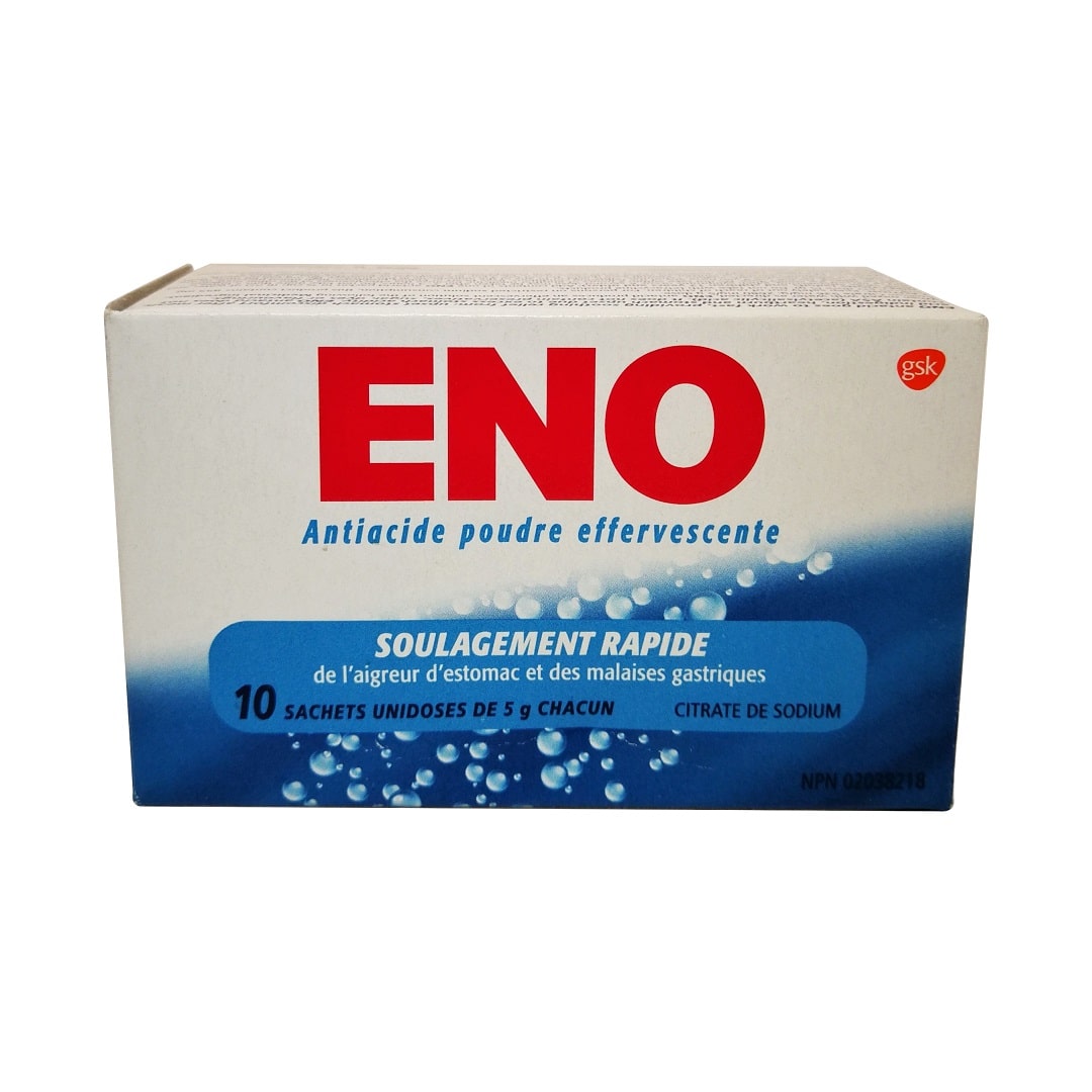Product label for Product label for ENO Antacid Effervescing Powder (5g x 10 doses) in English in French